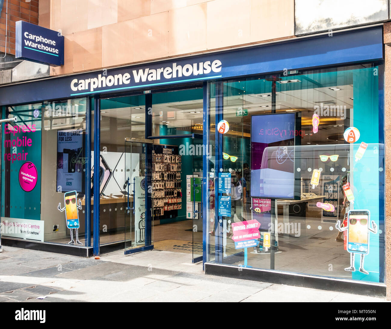 Frontage, window display and main entrance to a Carphone Warehouse retail store in Argyle Street, central Glasgow, Scotland, UK Stock Photo