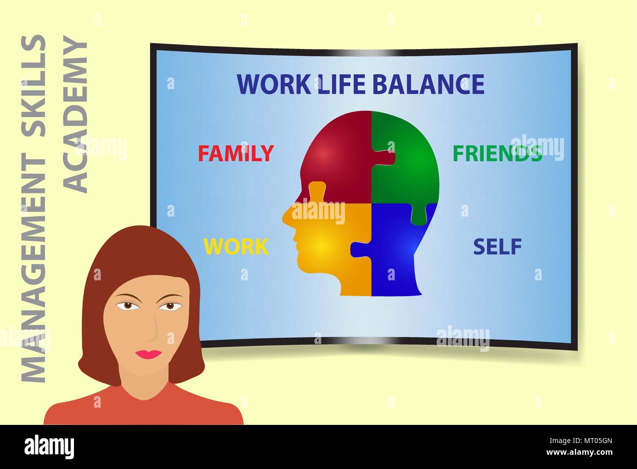 The woman is in front of the curved screen, on which the Work Life ...