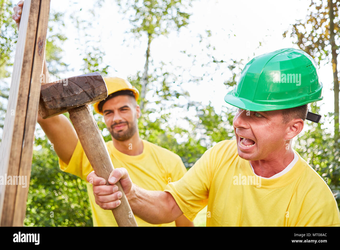 Construction workers work in teamwork on a construction site during