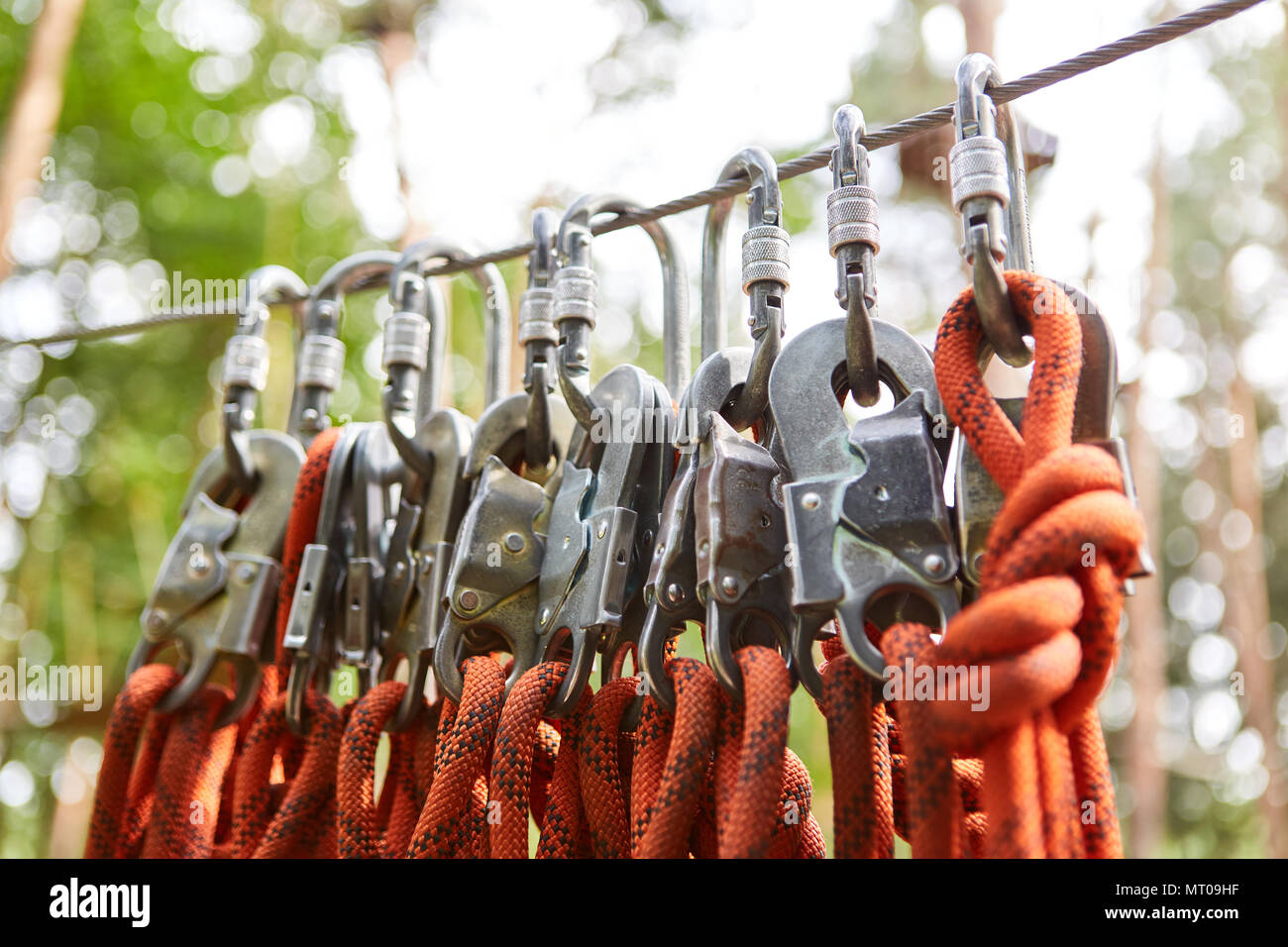 Ropes and snap hooks as equipment for safety in sport climbing Stock Photo