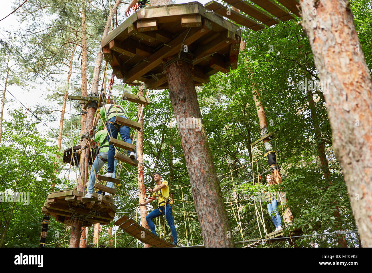 Young people learn to climb in the high ropes course at a team building ...
