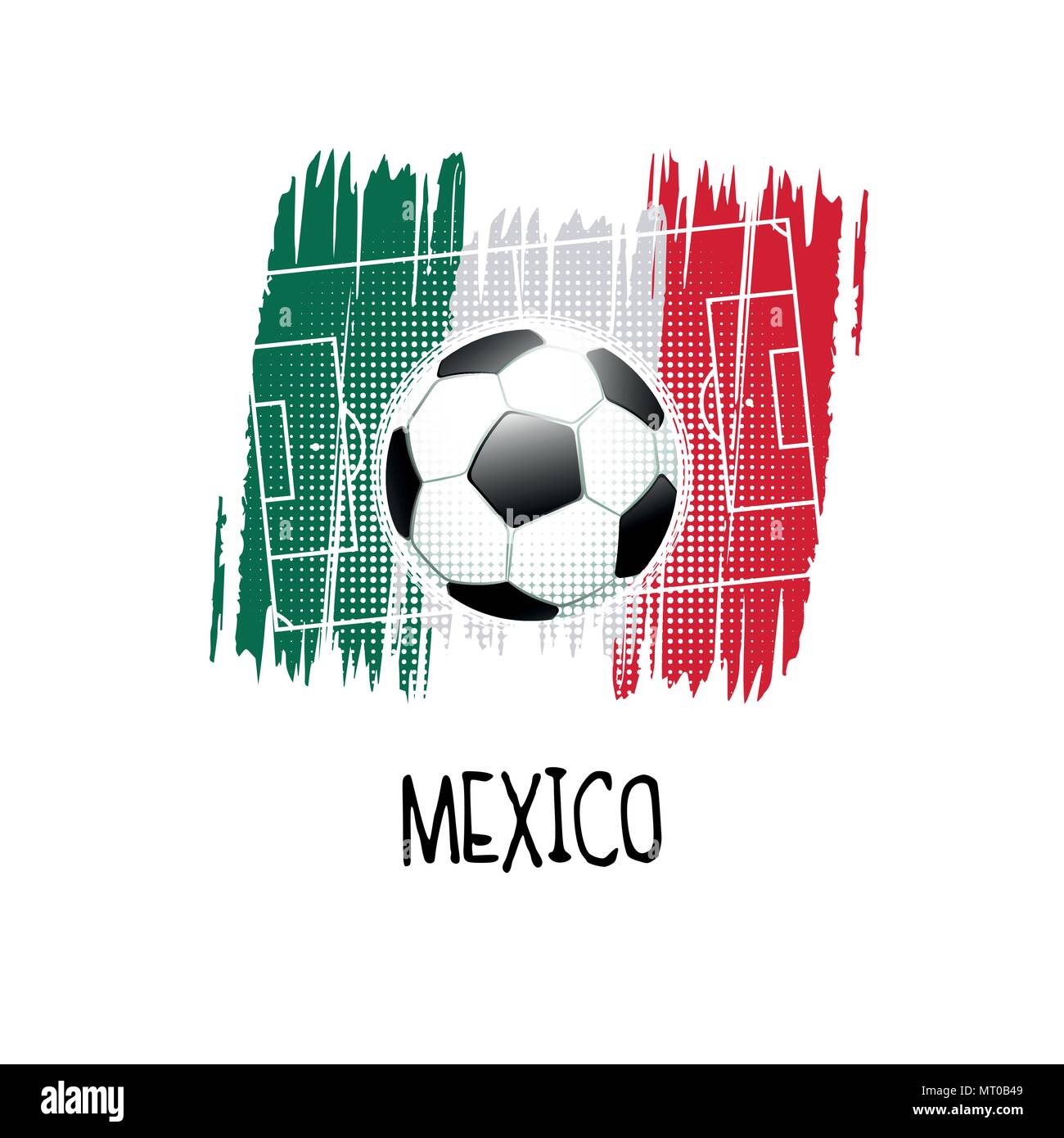 Hand written word 'Mexico' with soccer ball, soccer field and abstract colors of the Mexican flag. Vector illustration. Stock Vector
