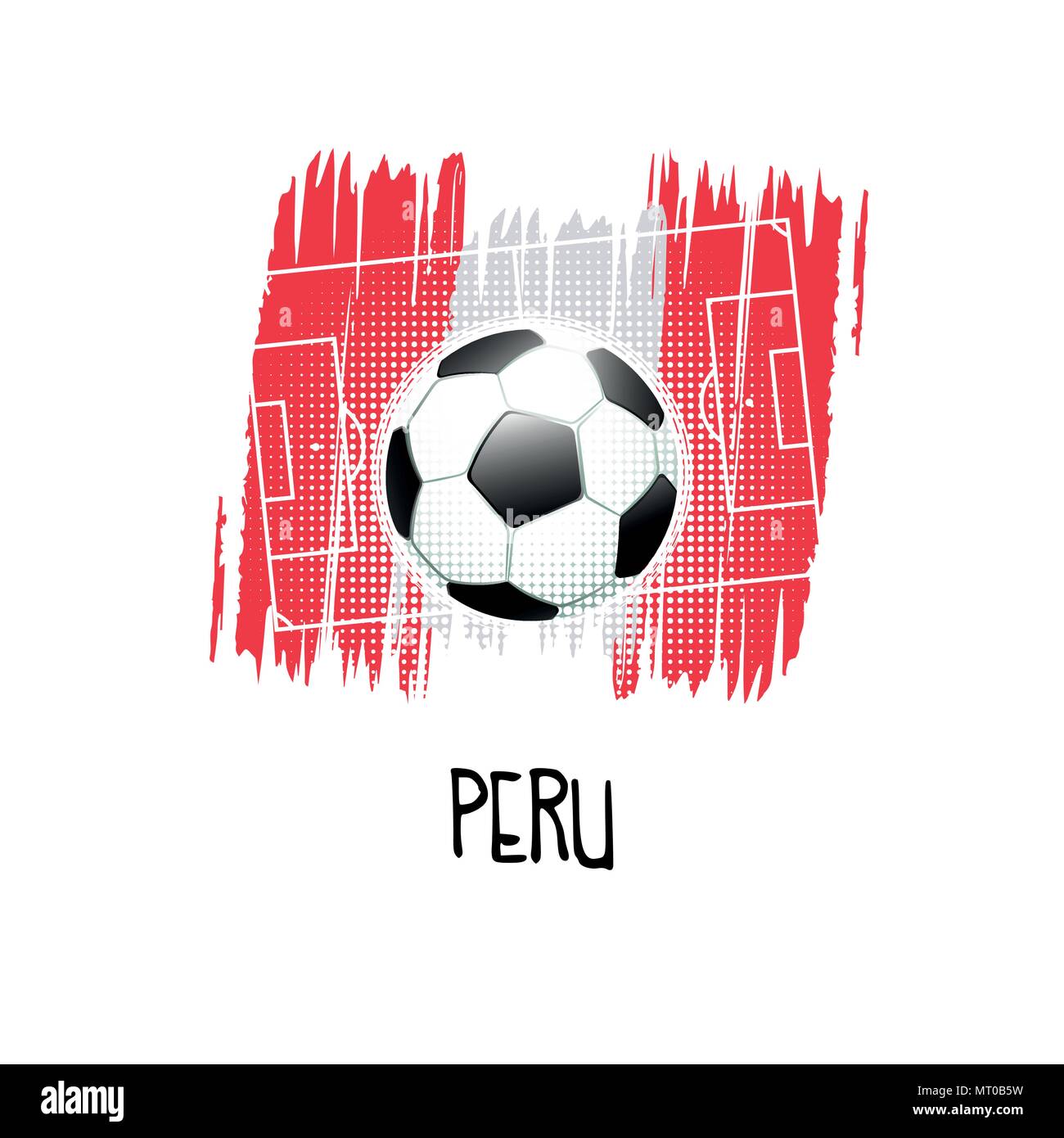 Hand written word 'Peru' with soccer ball, soccer field and abstract colors of the Peruvian flag. Vector illustration. Stock Vector