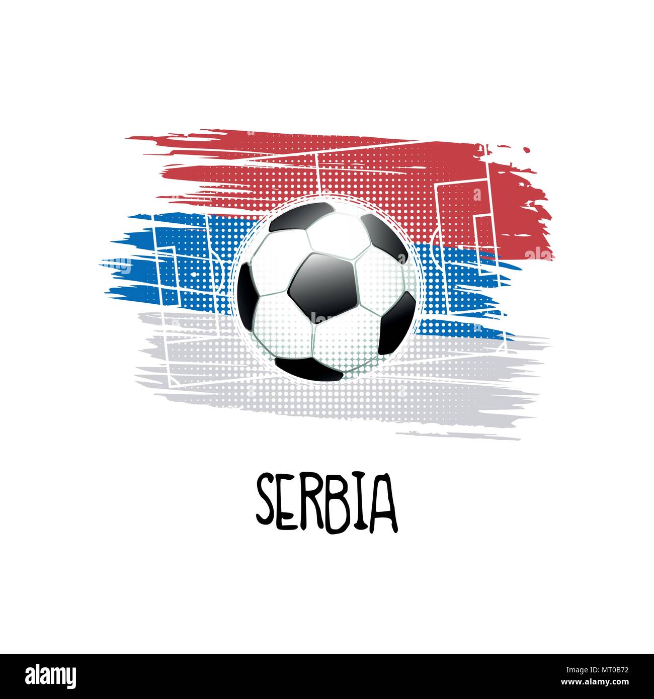 Hand written word 'Serbia' with soccer ball, soccer field and abstract colors of the Serbian flag. Vector illustration. Stock Vector