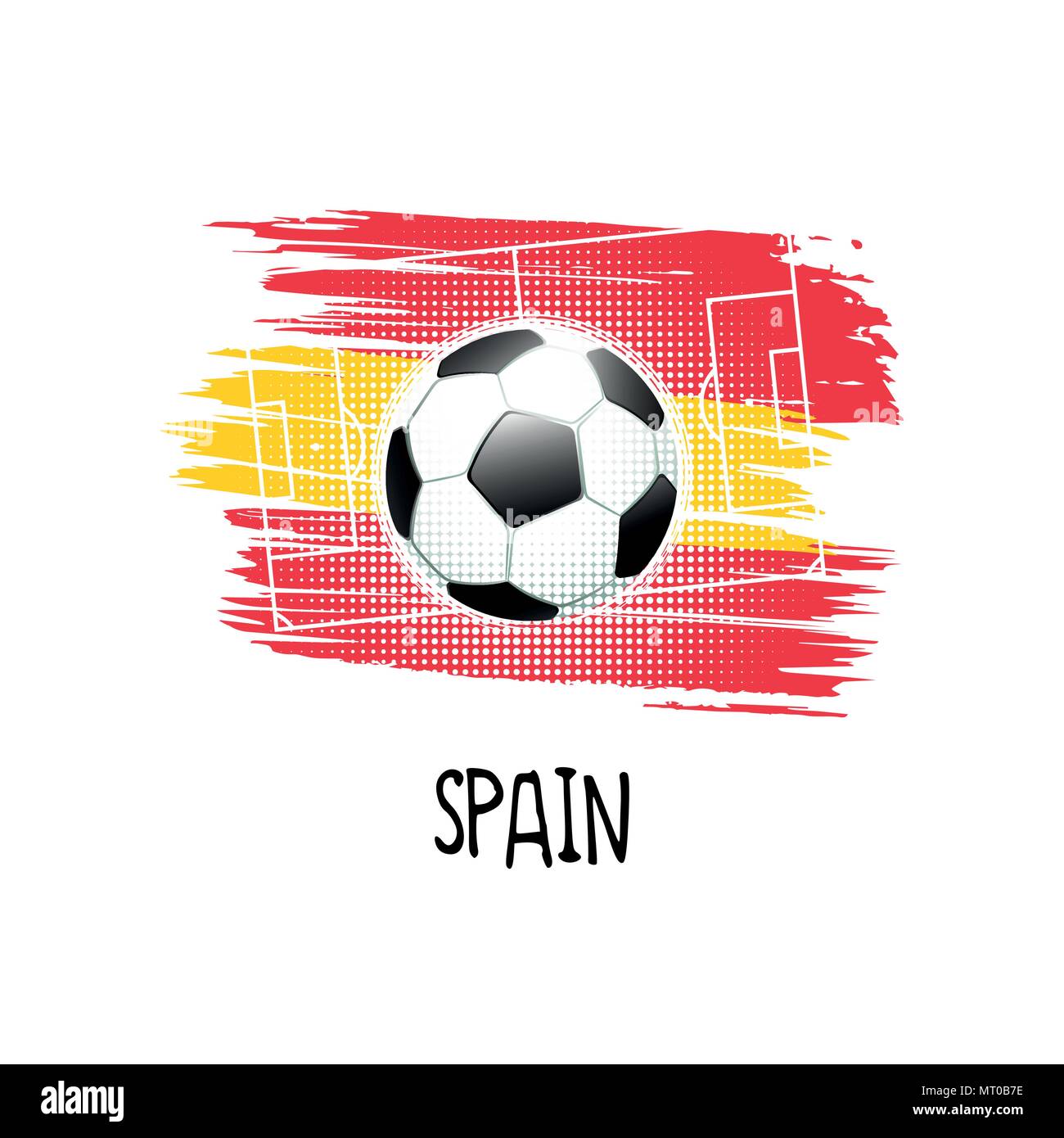 Hand written word 'Spain' with soccer ball, soccer field and abstract colors of the Spanish flag. Vector illustration. Stock Vector