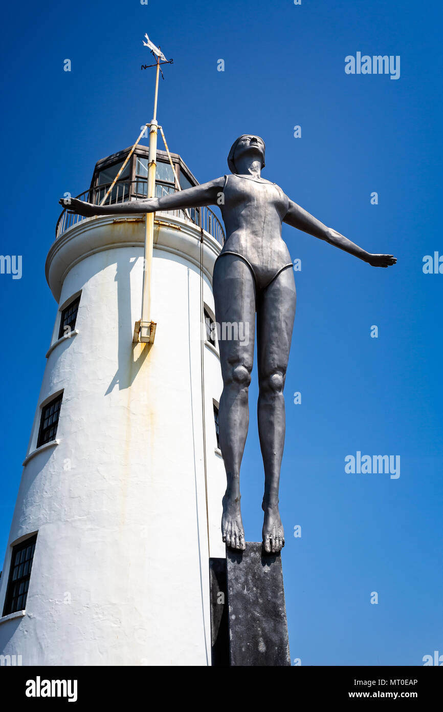 Scarborough lighthouse & bathing belle statue taken in Scarborough