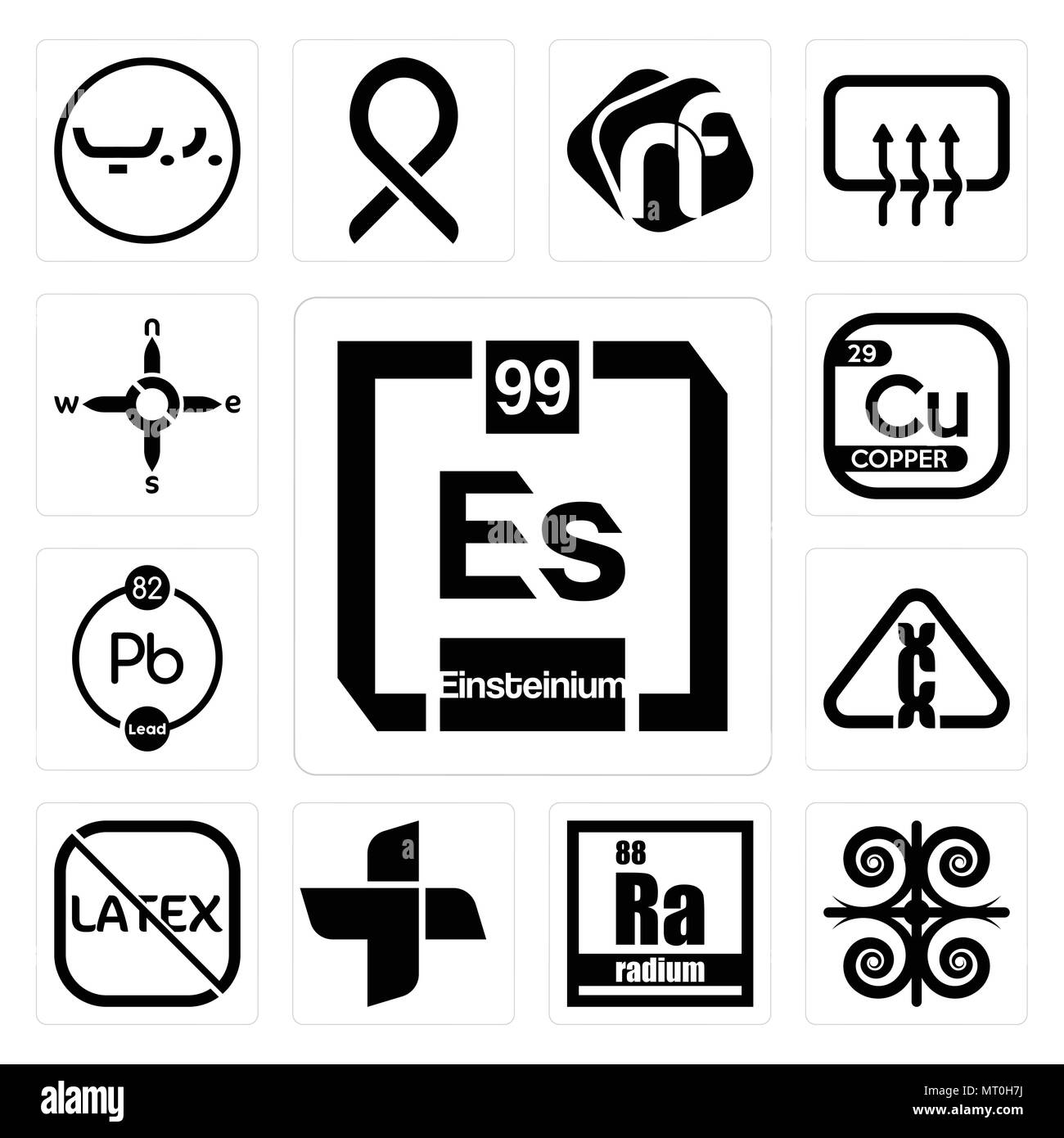 Set Of 13 simple editable icons such as einsteinium, , radium, plus, latex free, carcinogen, chemical, copper, n s e w can be used for mobile, web UI Stock Vector