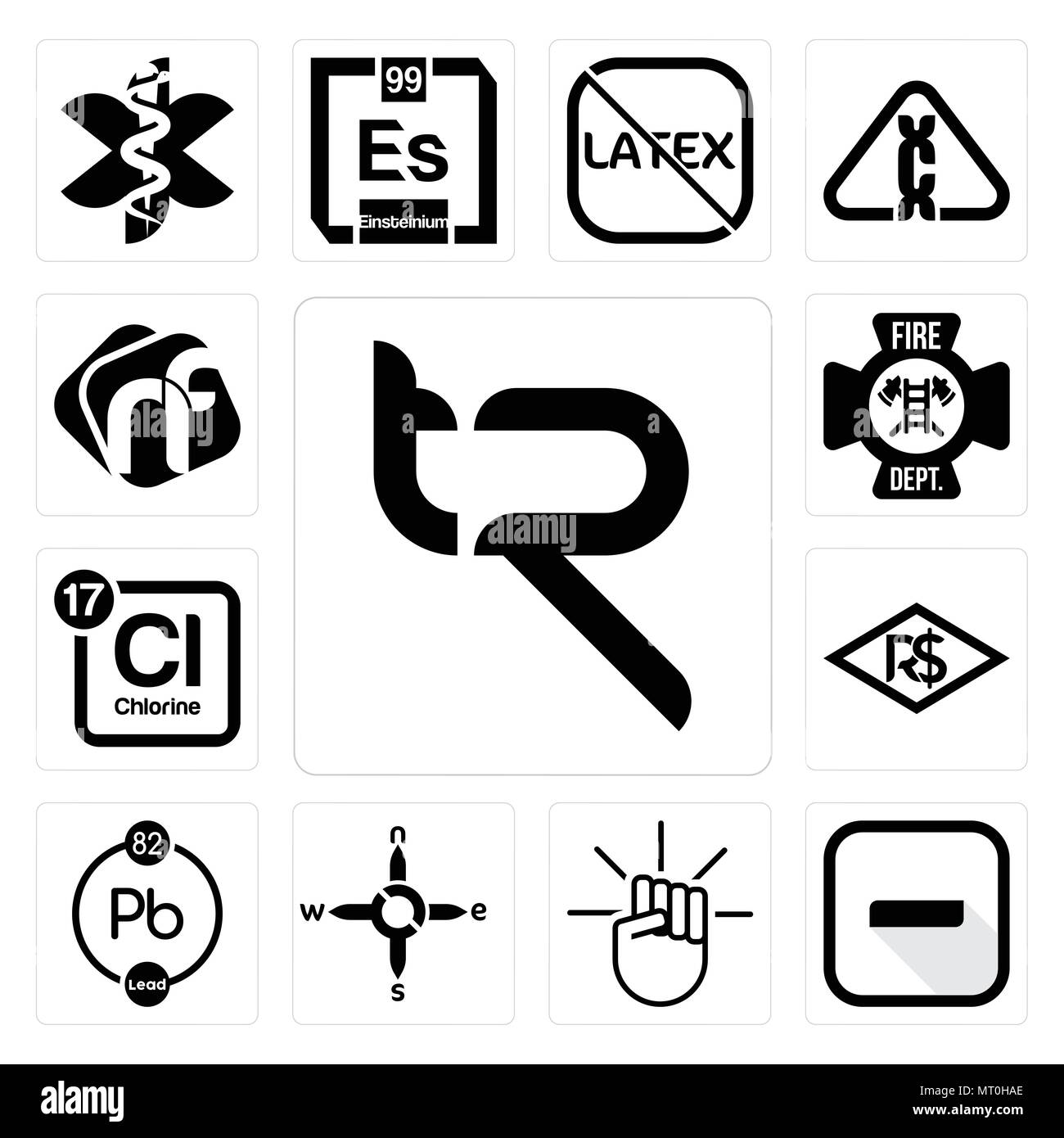 Set Of 13 simple editable icons such as tr, hyphen, , n s e w, chemical, brazilian real, periodic table chlorine, fire dept, nf can be used for mobile Stock Vector