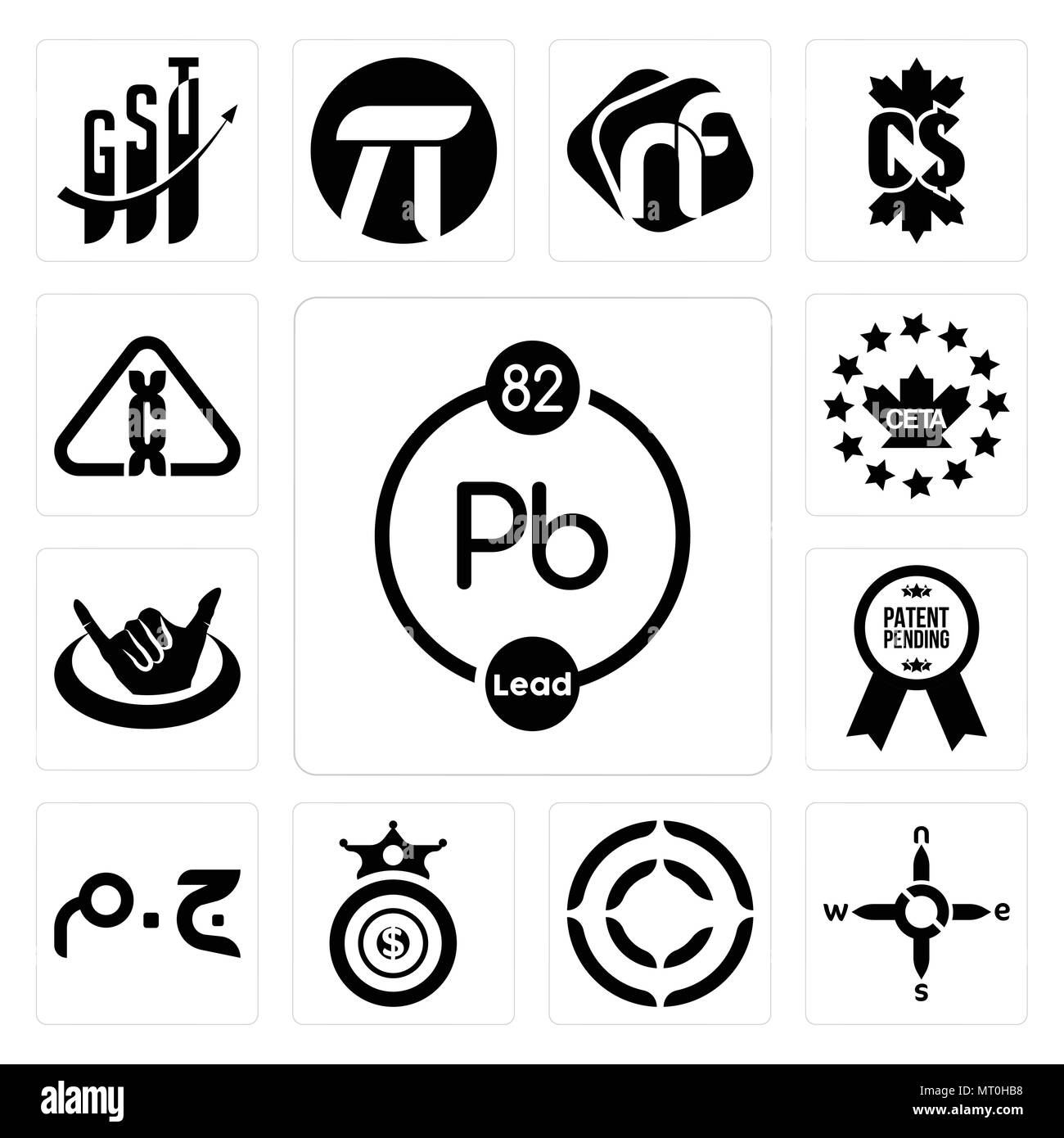 Set Of 13 simple editable icons such as chemical, n s e w, copyright, oligarchy, egyptian pound, patent pending, hang ten, ceta, carcinogen can be use Stock Vector