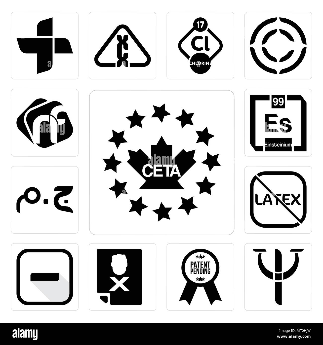 Set Of 13 simple editable icons such as ceta, psy, patent pending, blacklisted, hyphen, latex free, egyptian pound, einsteinium, nf can be used for mo Stock Vector