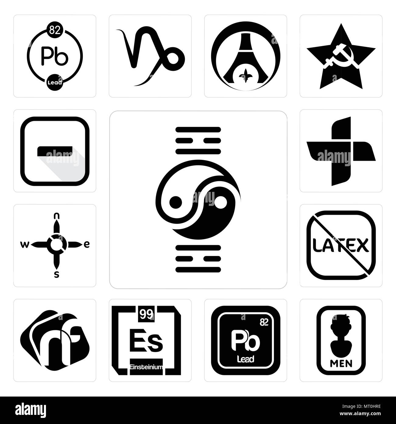 Set Of 13 simple editable icons such as qigong, mens bathroom, pb chemical, einsteinium, nf, latex free, n s e w, plus, hyphen can be used for mobile, Stock Vector