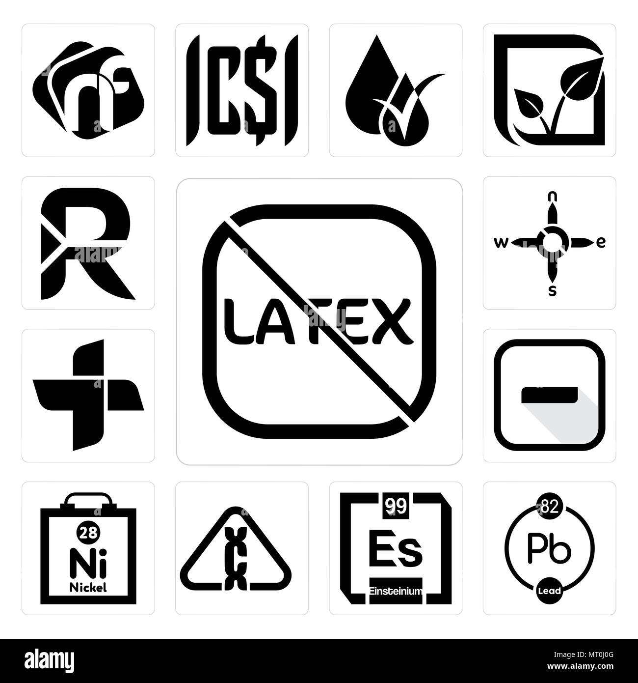 Set Of 13 simple editable icons such as latex free, chemical, einsteinium, carcinogen, nickel, hyphen, plus, n s e w, south african rand can be used f Stock Vector