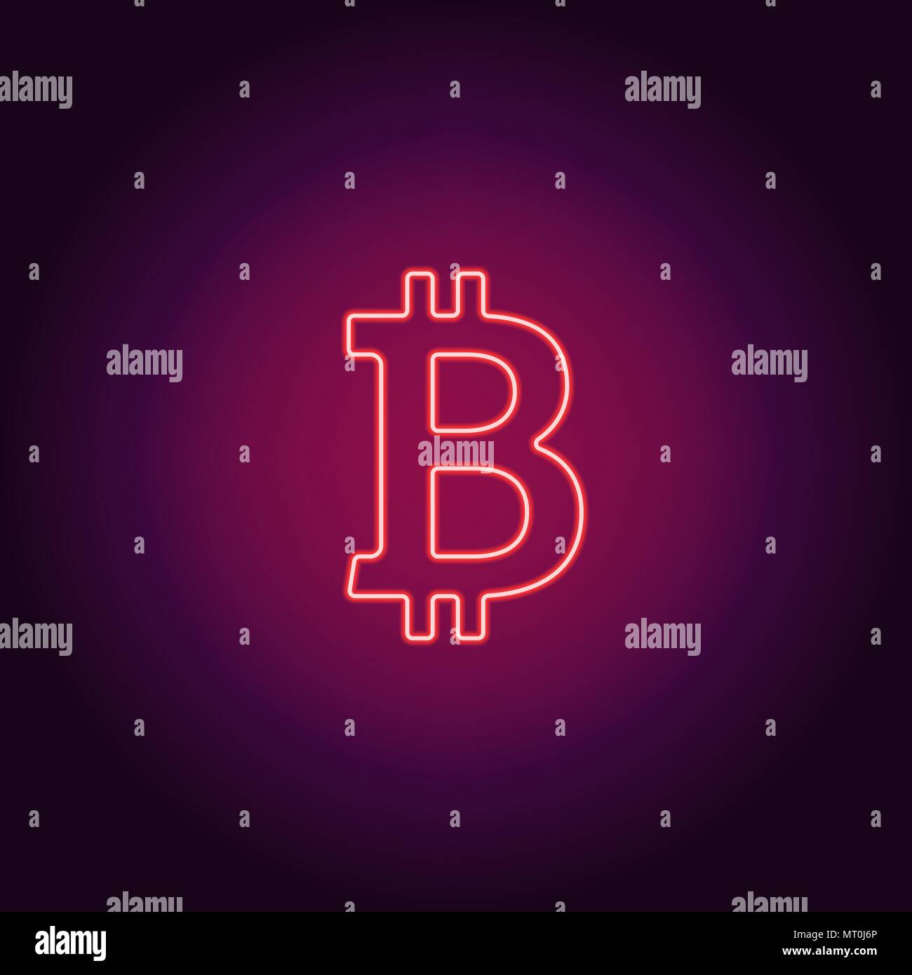 Neon icon of red Bitcoin. Vector illustration of red Neon Bitcoin consisting of neon outlines, with backlight on the dark background Stock Vector
