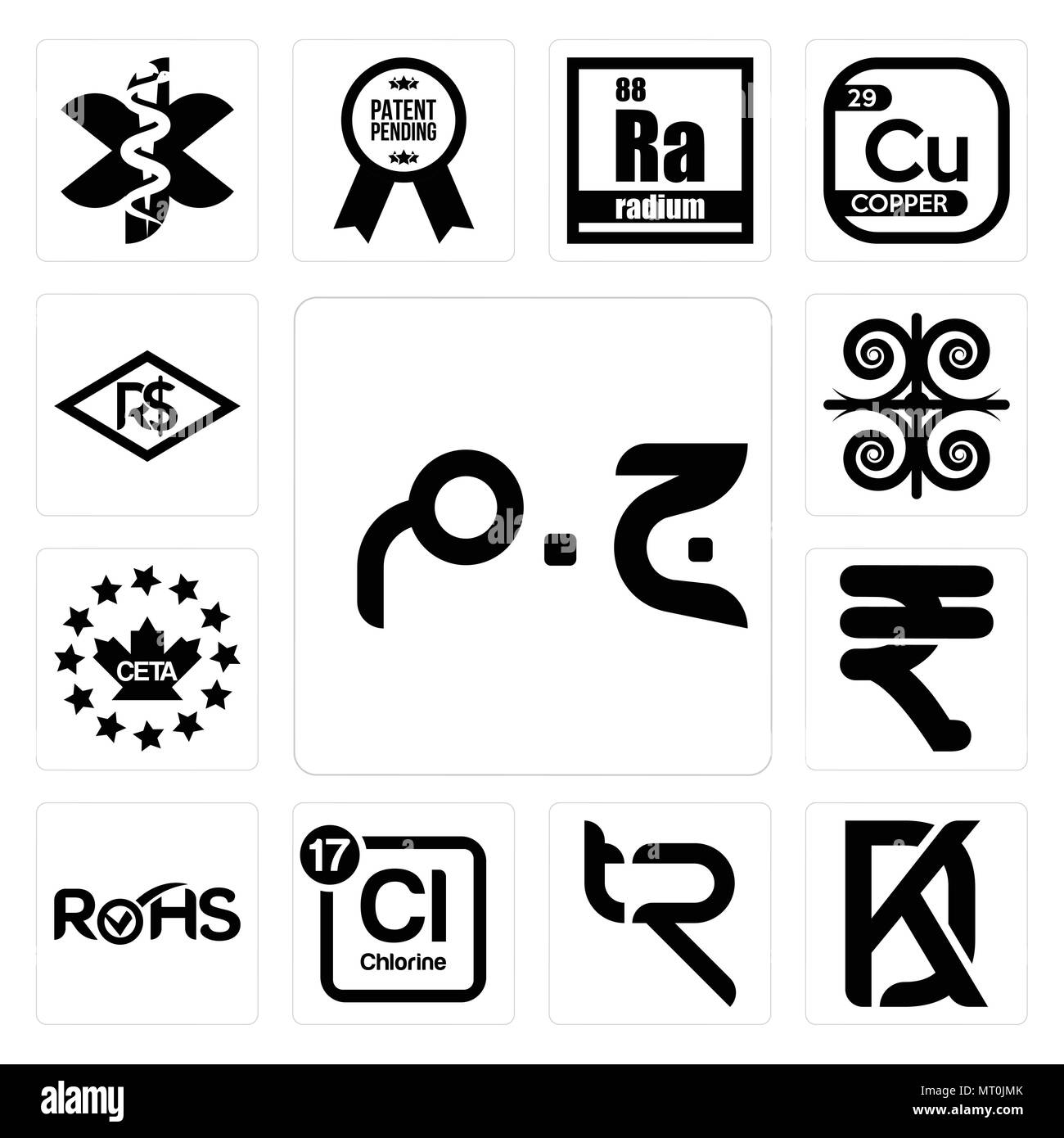 Set Of 13 simple editable icons such as egyptian pound, kd, tr, periodic table chlorine, rohs, rupees, ceta, , brazilian real can be used for mobile,  Stock Vector