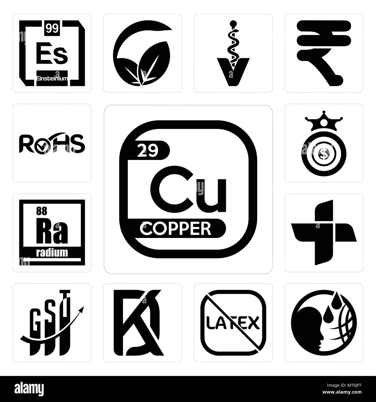 Set Of 13 simple editable icons such as copper, , latex free, kd, gst, plus, radium, oligarchy, rohs can be used for mobile, web UI Stock Vector