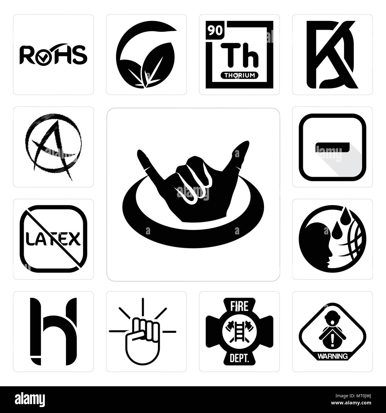 Set Of 13 simple editable icons such as hang ten, choking hazard, fire dept, , hh, latex free, hyphen, punk anarchy can be used for mobile, web UI Stock Vector