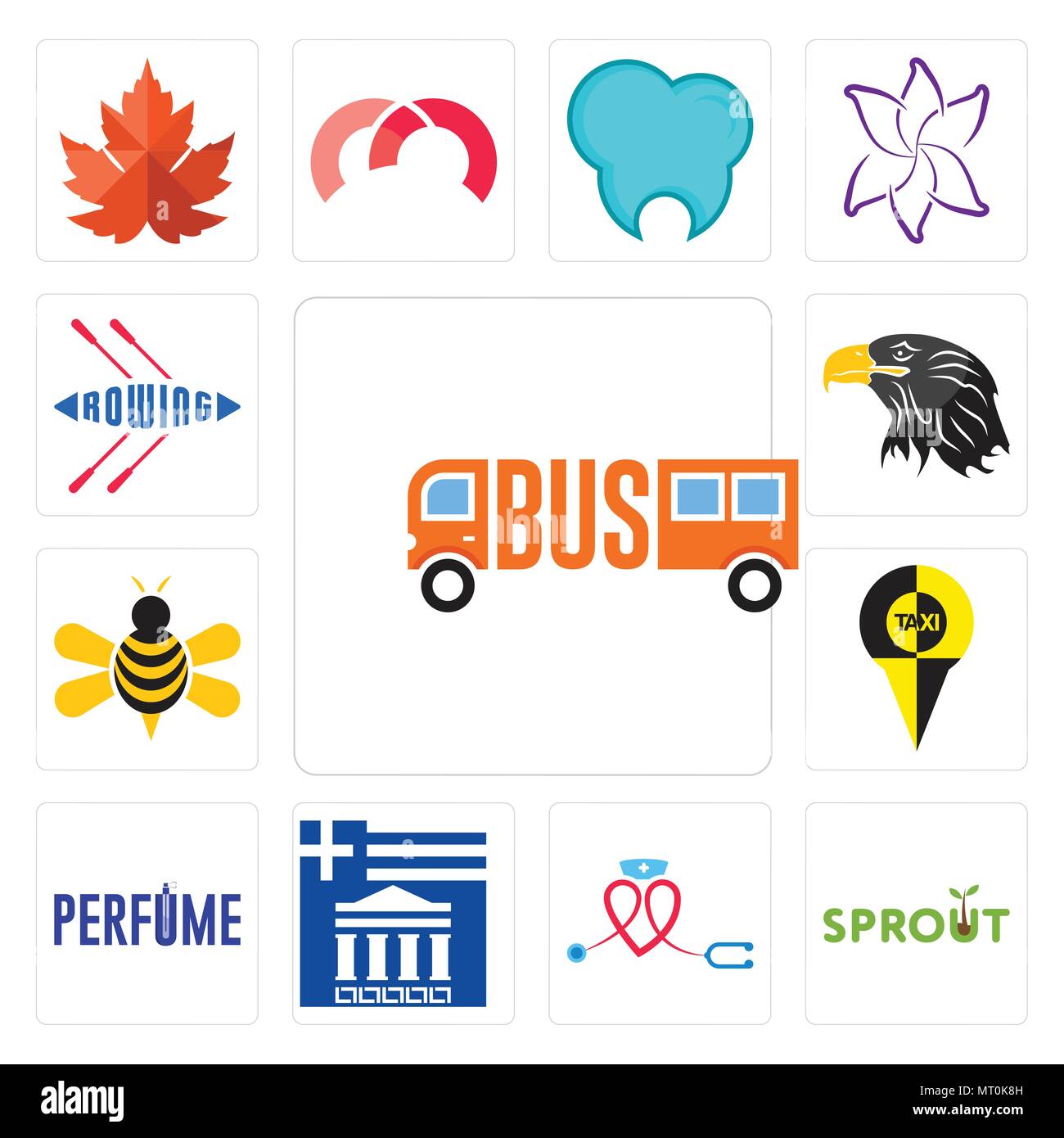 Set Of 13 simple editable icons such as, sprout, nursing, greek, honey bee, eagle head, rowing can be used for mobile, web UI Stock Vector