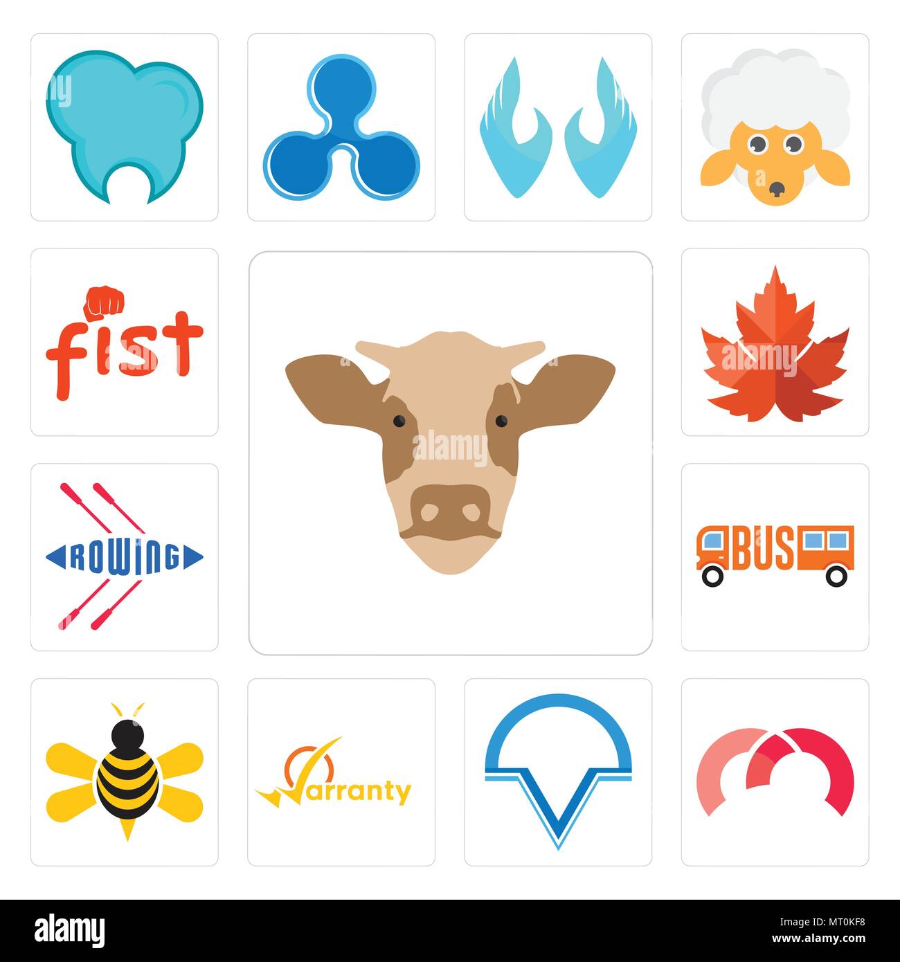 Set Of 13 simple editable icons such as cow head, m, v circle, warranty, honey bee, , rowing, maple leaf, fist can be used for mobile, web UI Stock Vector