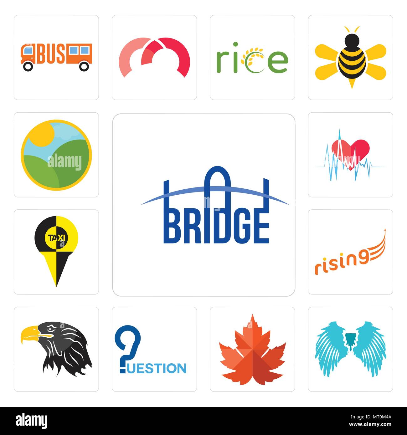 Set Of 13 simple editable icons such as bridge, angel wing, maple leaf, question, eagle head, rising, , heartbeat, farm can be used for mobile, web UI Stock Vector