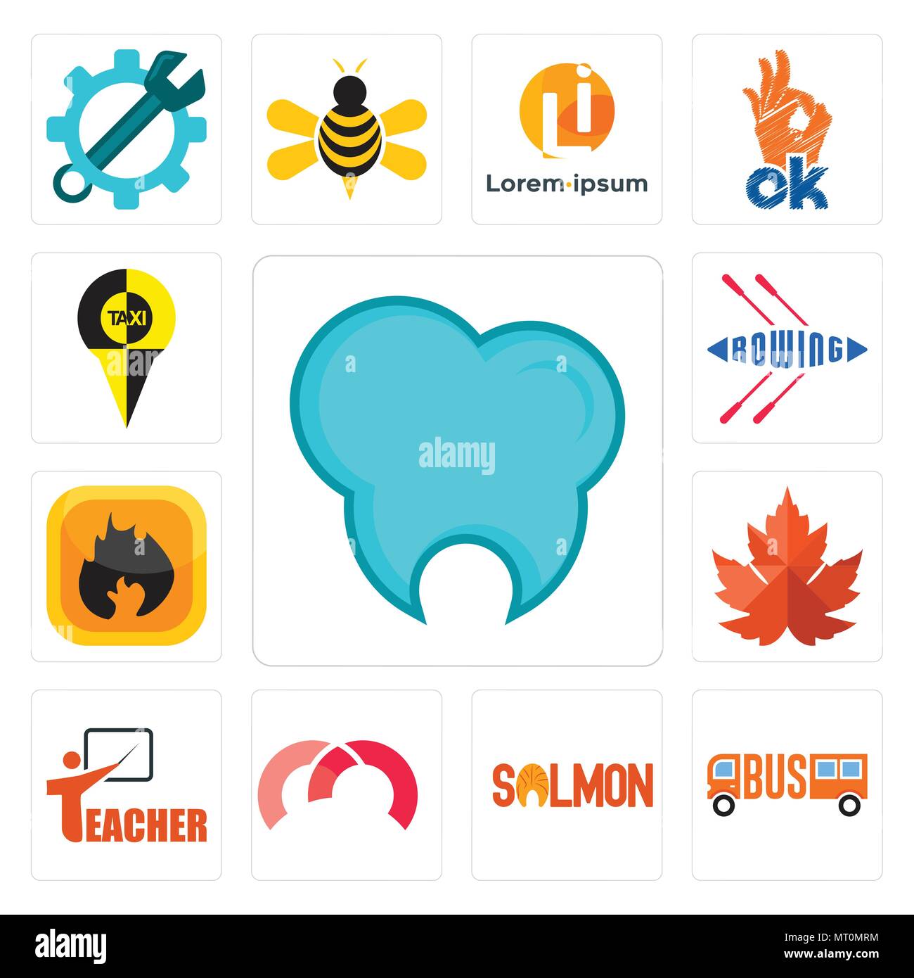 Set Of 13 simple editable icons such as dental clinic, , salmon, m, teacher, maple leaf, flammable, rowing, can be used for mobile, web UI Stock Vector