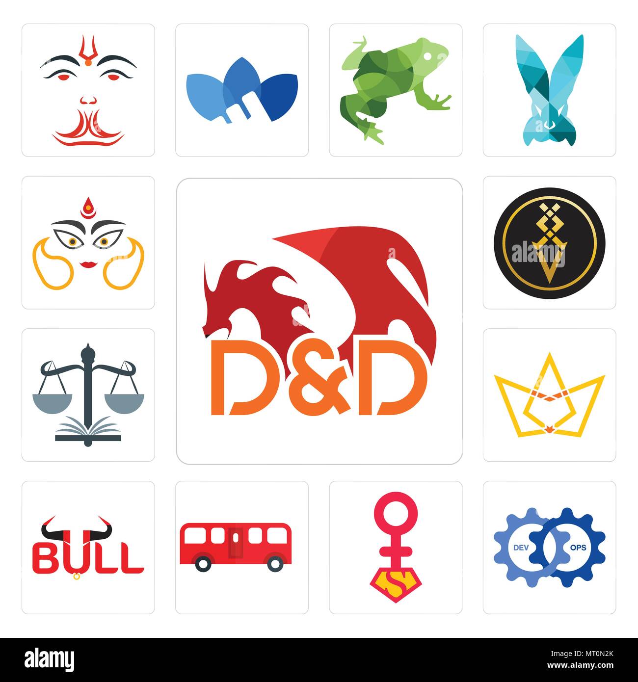 Set Of 13 simple editable icons such as dungeons and dragons, devops, superwoman, bus, bull, crown, naacp, luxury, durga can be used for mobile, web U Stock Vector