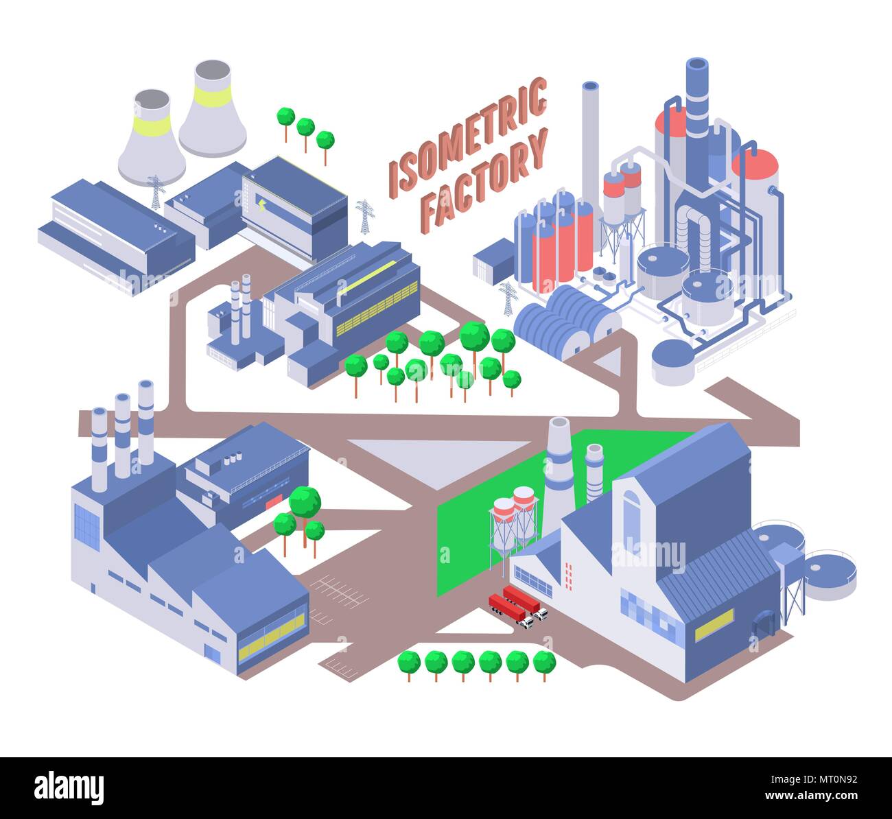 Set of four vector isometric industrial building, energy and chemical plant and other factories Stock Vector