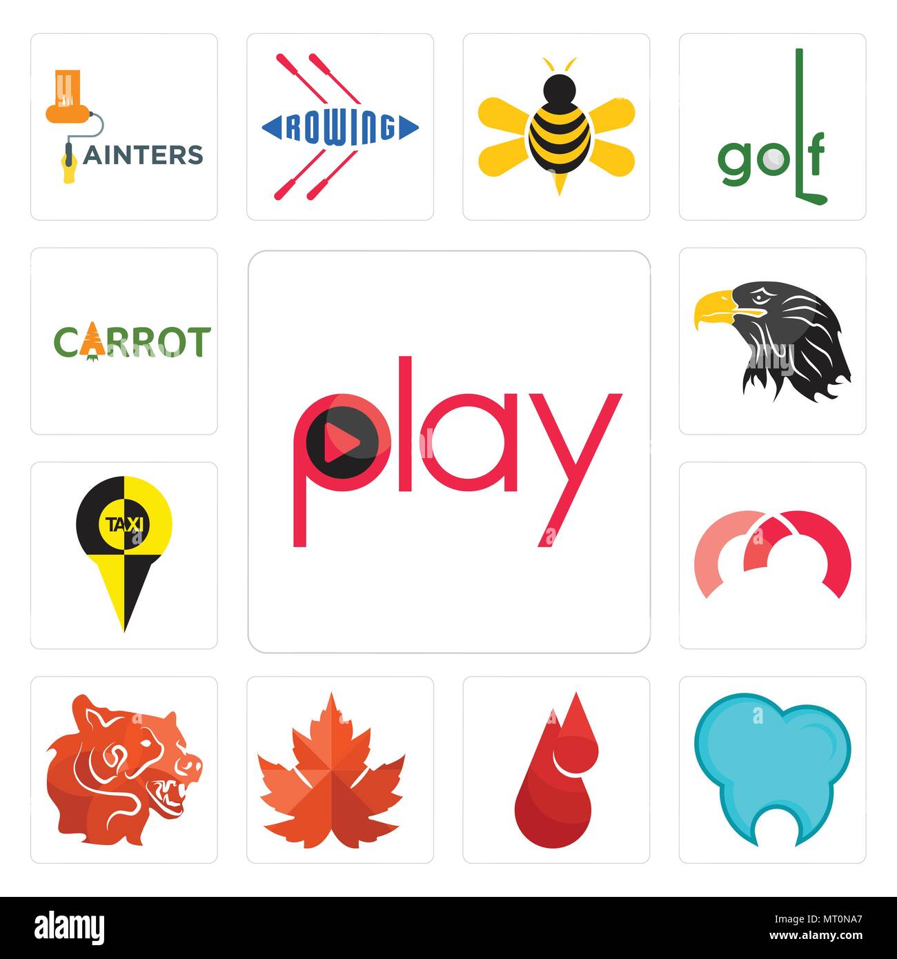Set Of 13 simple editable icons such as play, dental clinic, blood drop, maple leaf, bear head, m, , eagle carrot can be used for mobile, web UI Stock Vector