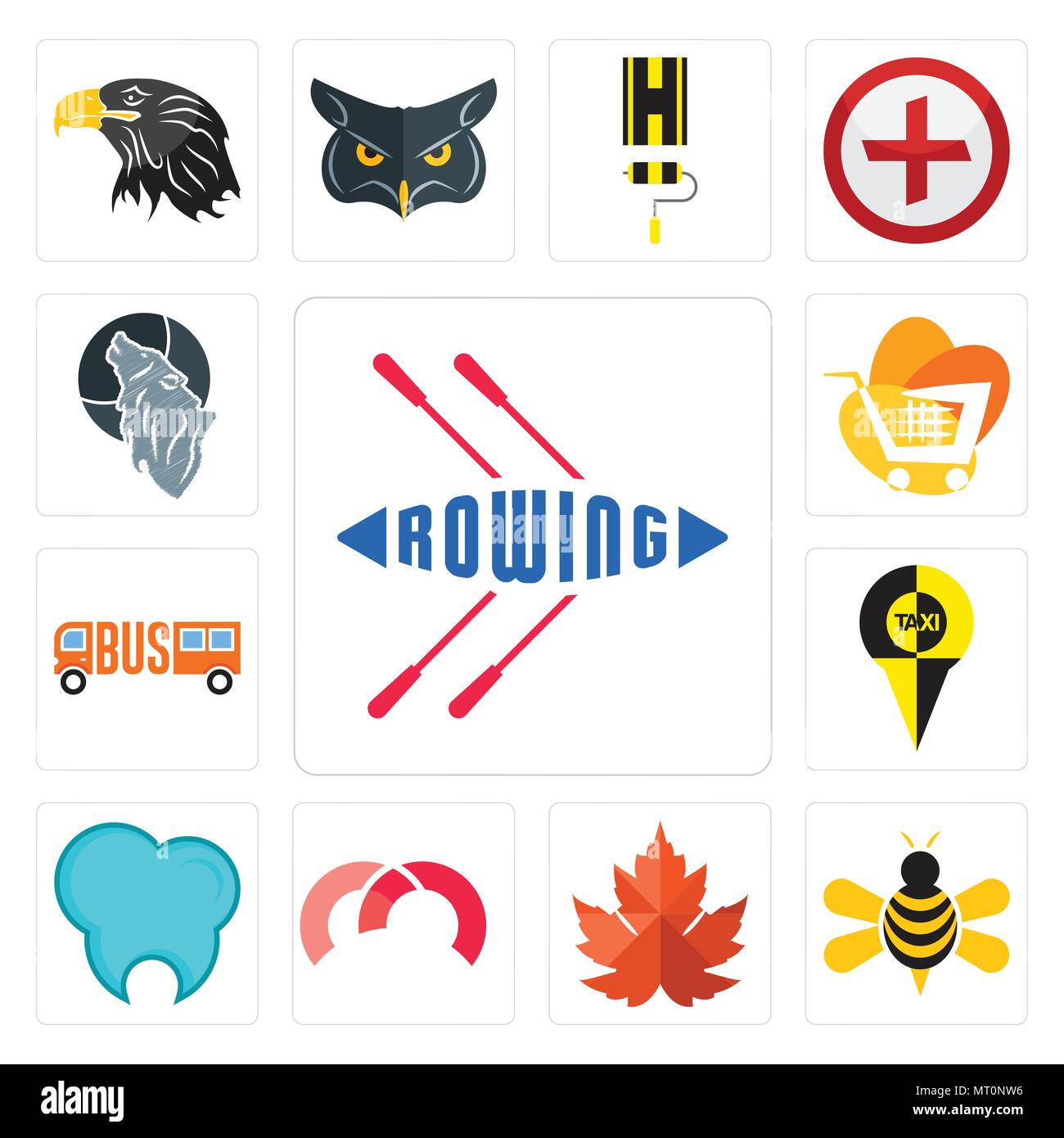 Set Of 13 simple editable icons such as rowing, honey bee, maple leaf, m, dental clinic, , trolley, wolf can be used for mobile, web UI Stock Vector