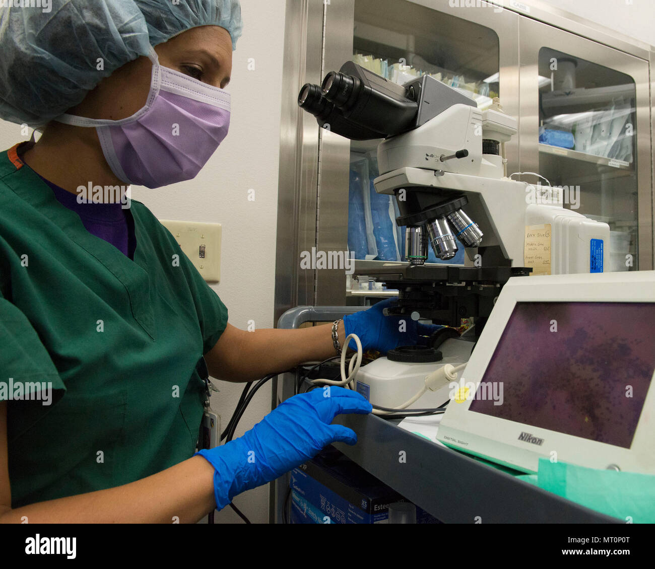 U.S. Air Force Maj. (Dr.) Luisa Watts, 88th Diagnostics and Therapeutic Squadron pathologist, examines a tissue sample of a patient’s endobronchial fine needle aspirate inside the operating room at Wright-Patterson Air Force Base Medical Center, June 26, 2017. Watts examines the tissue sample under the microscope to make a diagnosis of the patient’s condition.  (U.S. Air Force photo by Michelle Gigante/Released) Stock Photo