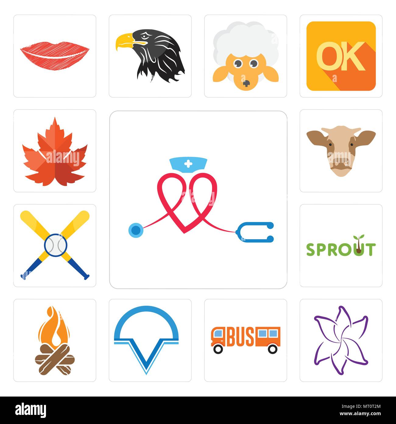 Set Of 13 simple editable icons such as nursing, lily flower, , v circle, bonfire, sprout, baseball team, cow head, maple leaf can be used for mobile, Stock Vector