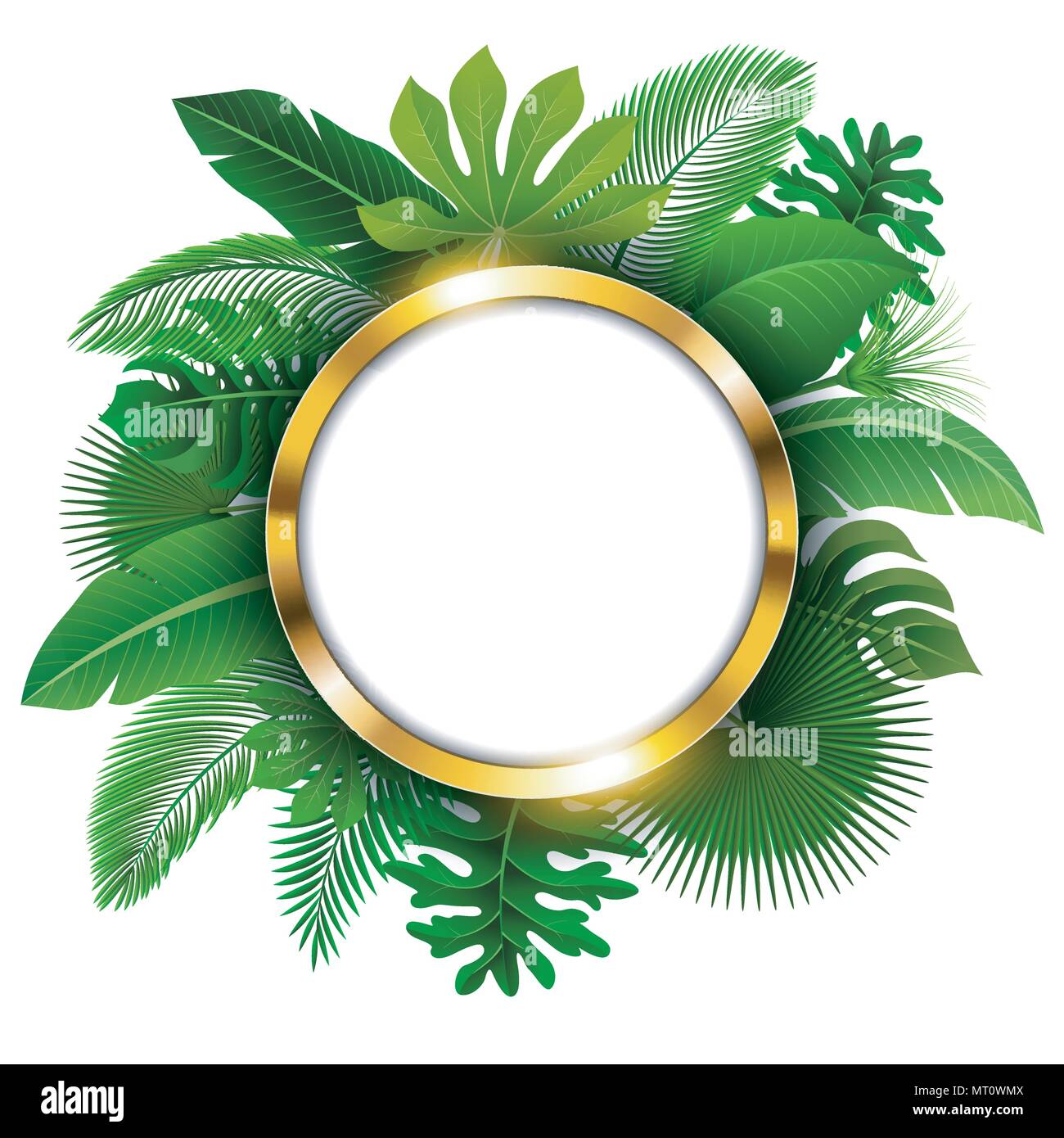 Round golden banner with text space of Tropical Leaves. Suitable for nature concept, vacation, and summer holiday. Vector Illustration Stock Vector
