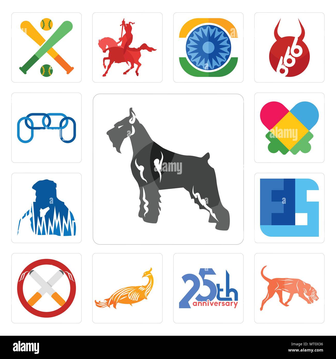Set Of 13 simple editable icons such as schnauzer, bloodhound, 25th anniversary, golden peacock, non smoking, ffs, beatbox, autism, chainlink can be u Stock Vector