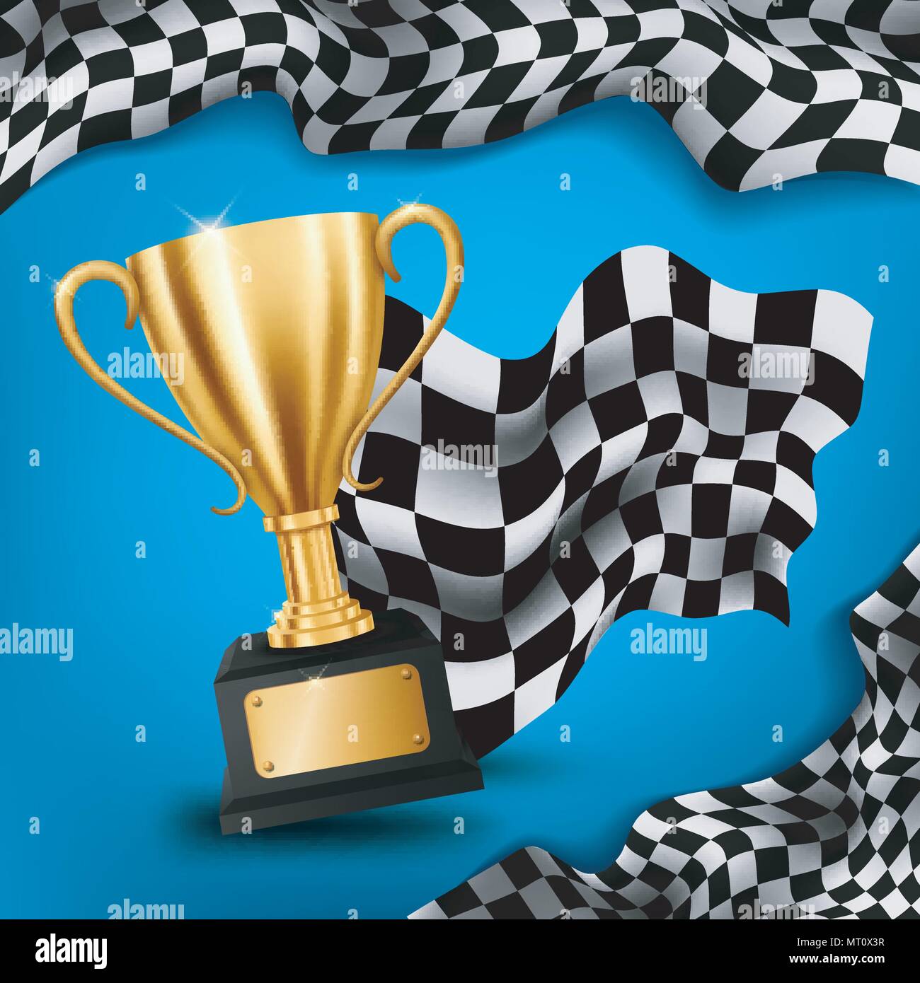 Realistic Golden Trophy with Checkered flag racing championship background, Vector Illustration Stock Vector