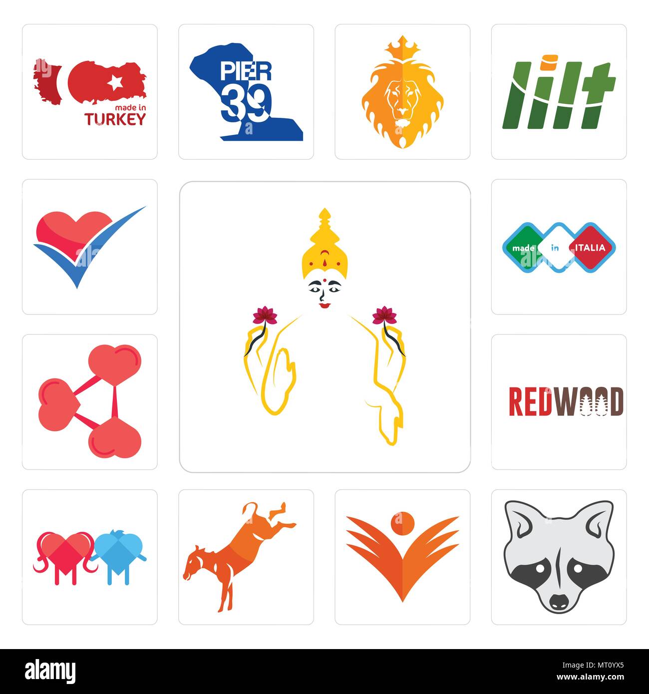 Set Of 13 simple editable icons such as laxmi, tanuki, ganpati, kicking mule, soulmate, wood, share png, made in italia, healthier choice can be used  Stock Vector