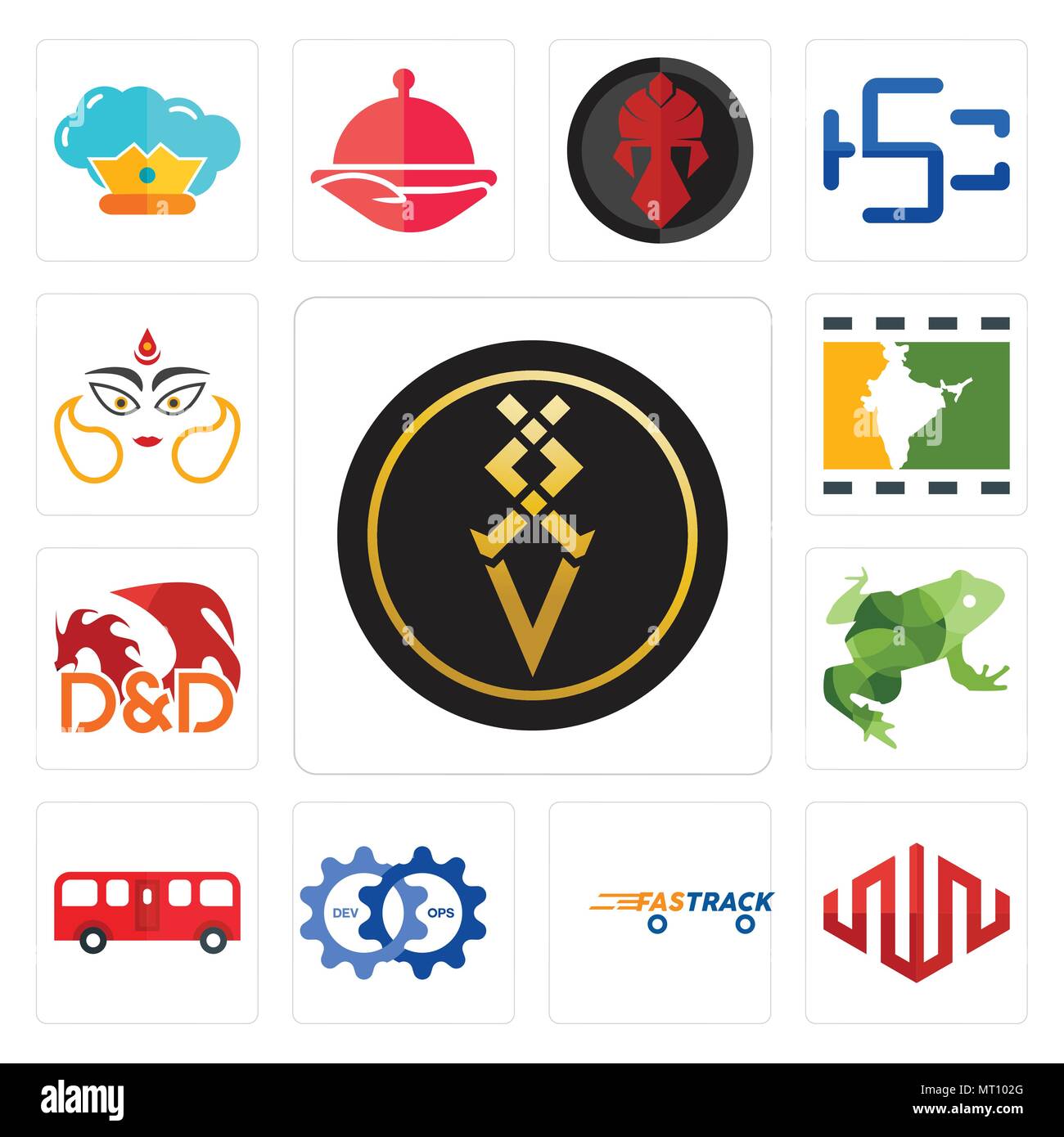 Set Of 13 simple editable icons such as luxury, equinix, fastrack, devops, bus, big frog, dungeons and dragons, bollywood, durga can be used for mobil Stock Vector