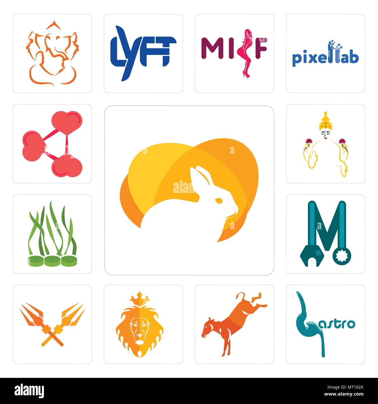 Set Of 13 simple editable icons such as rabit, gastro, kicking mule, judah and the lion, trishul, photo mechanic, spirulina, laxmi, share png can be u Stock Vector