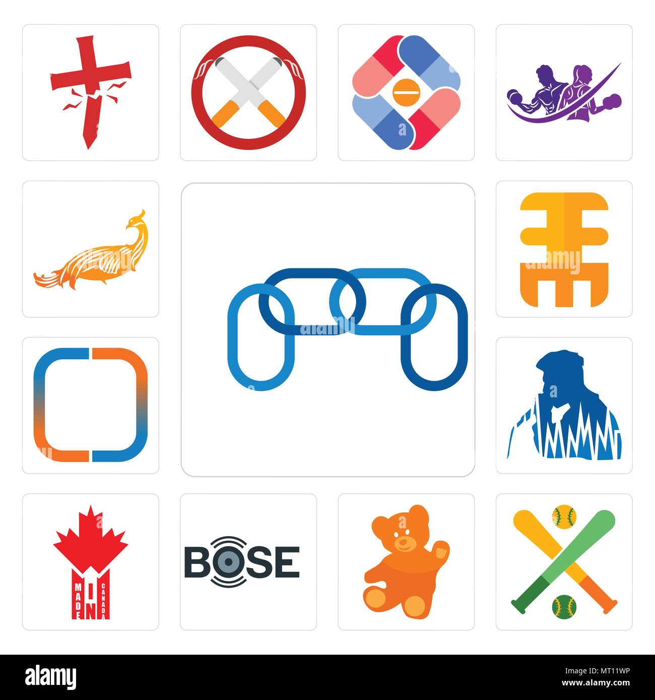 Set Of 13 simple editable icons such as chainlink, fantasy baseball, , bose, made in canada, beatbox, new instagram, eee, golden peacock can be used f Stock Vector