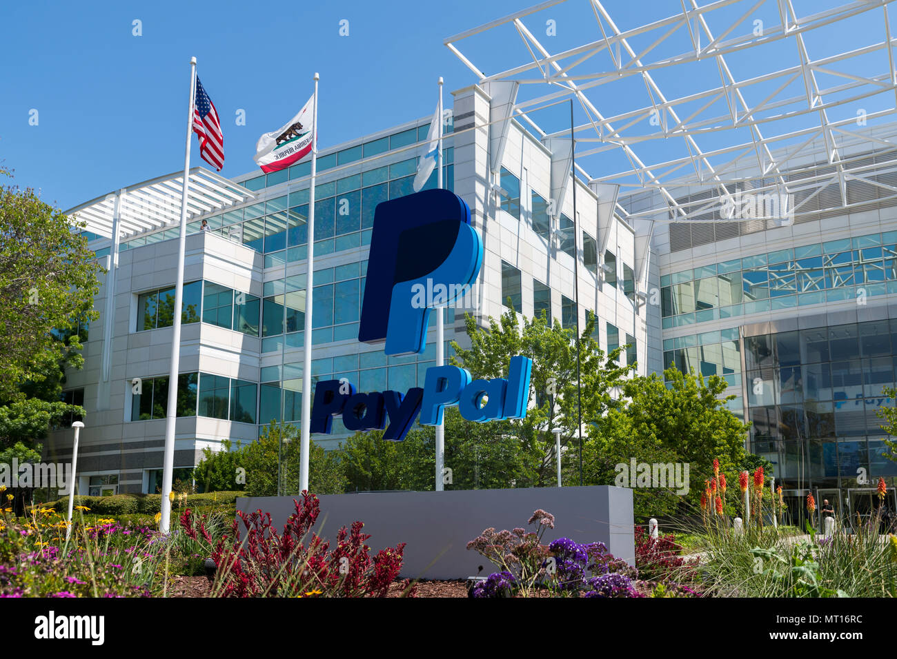 San Jose, California - April 26, 2018: Paypal 's headquarters in Silicon Valley. PayPal is an American company that operates online payments system Stock Photo