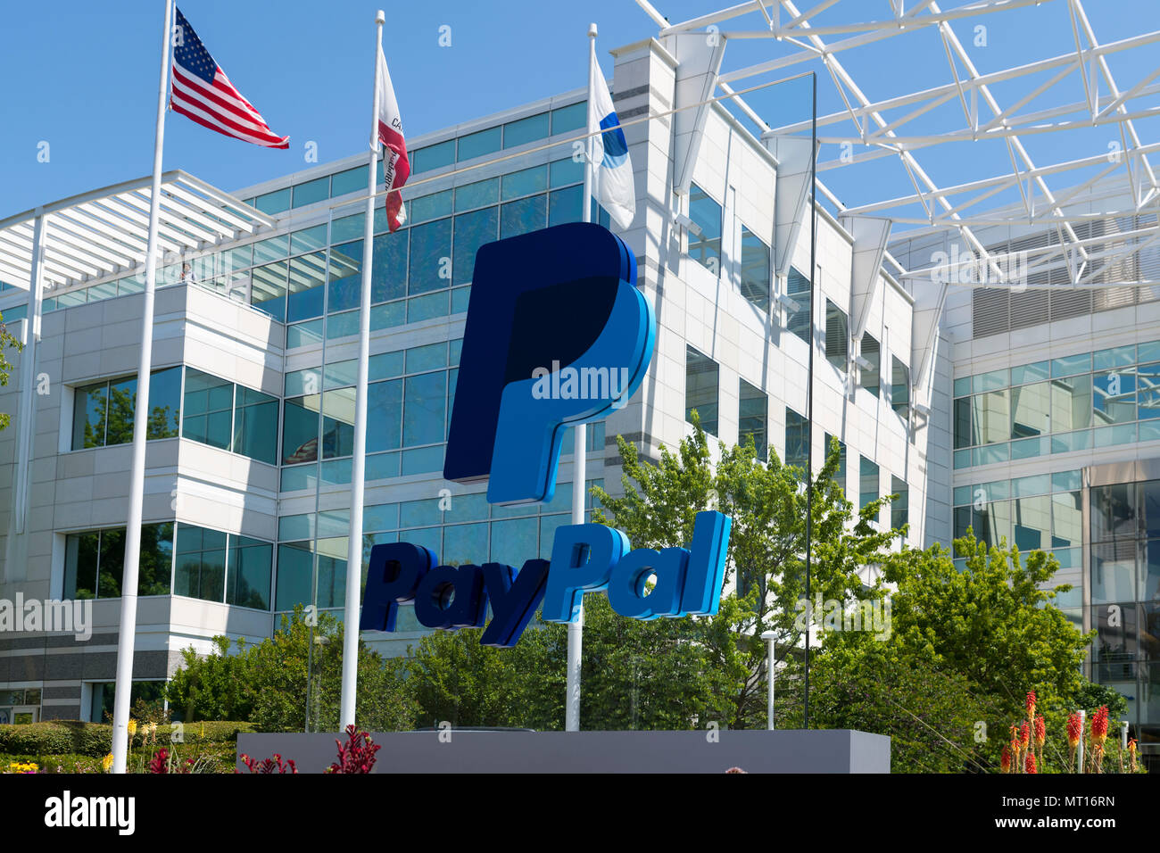 San Jose, California - April 26, 2018: Paypal 's headquarters in Silicon Valley. PayPal is an American company that operates online payments system Stock Photo
