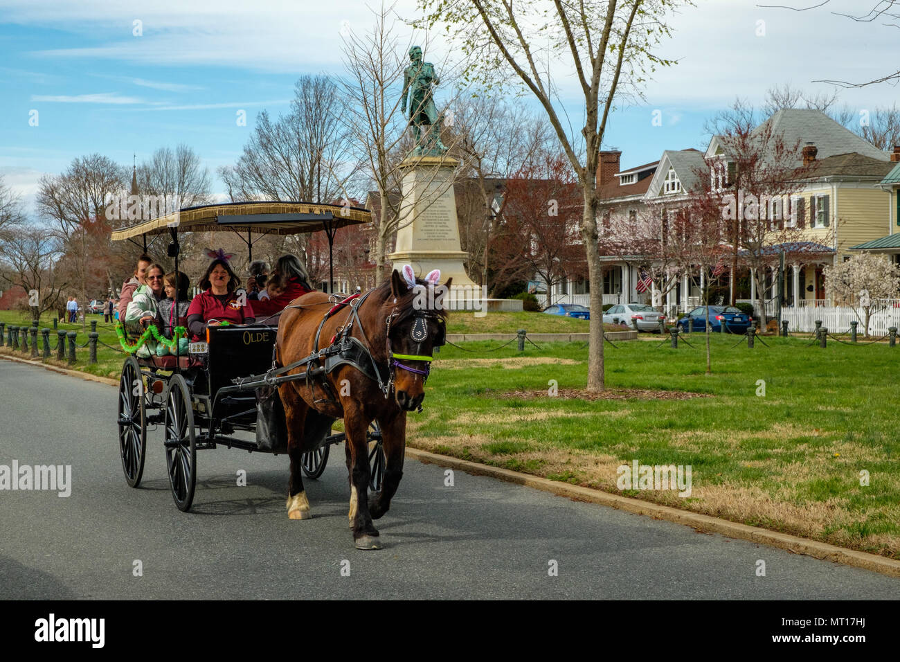 Horse with easter bunny ears, Olde Towne Carriage ride, passing Hugh Mercer Statue, Washington Avenue, Fredericksburg, Virginia Stock Photo