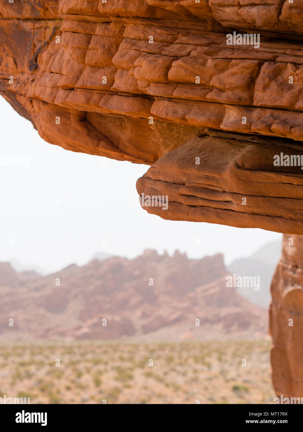 Red rock cliff overhang at the Aztec Sandstone at Valley of Fire State Park (Nevada, USA). Stock Photo