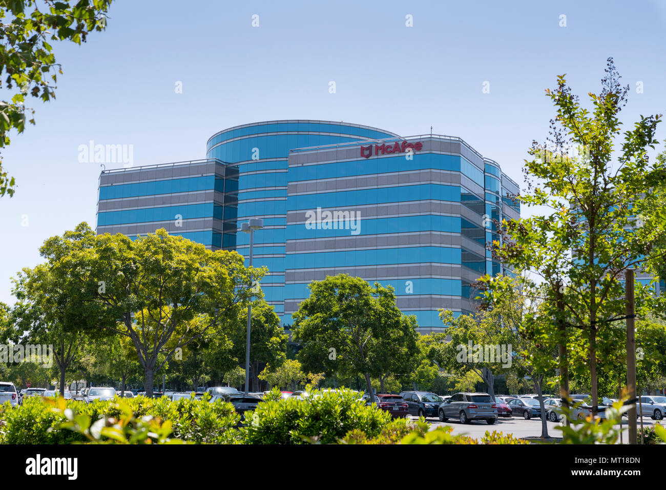 Santa Clara, California, USA - April 26, 2018: Signage with logo at the Silicon Valley headquarters of virus removal and cybersecurity company McAfee Stock Photo