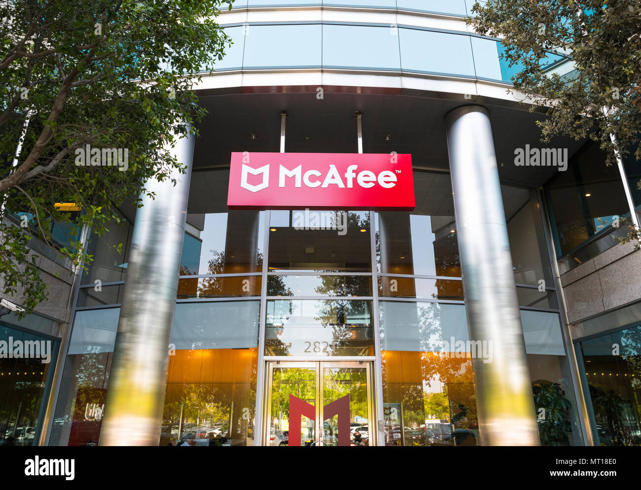 Santa Clara, California, USA - April 26, 2018: Signage with logo at the Silicon Valley headquarters of virus removal and cybersecurity company McAfee Stock Photo