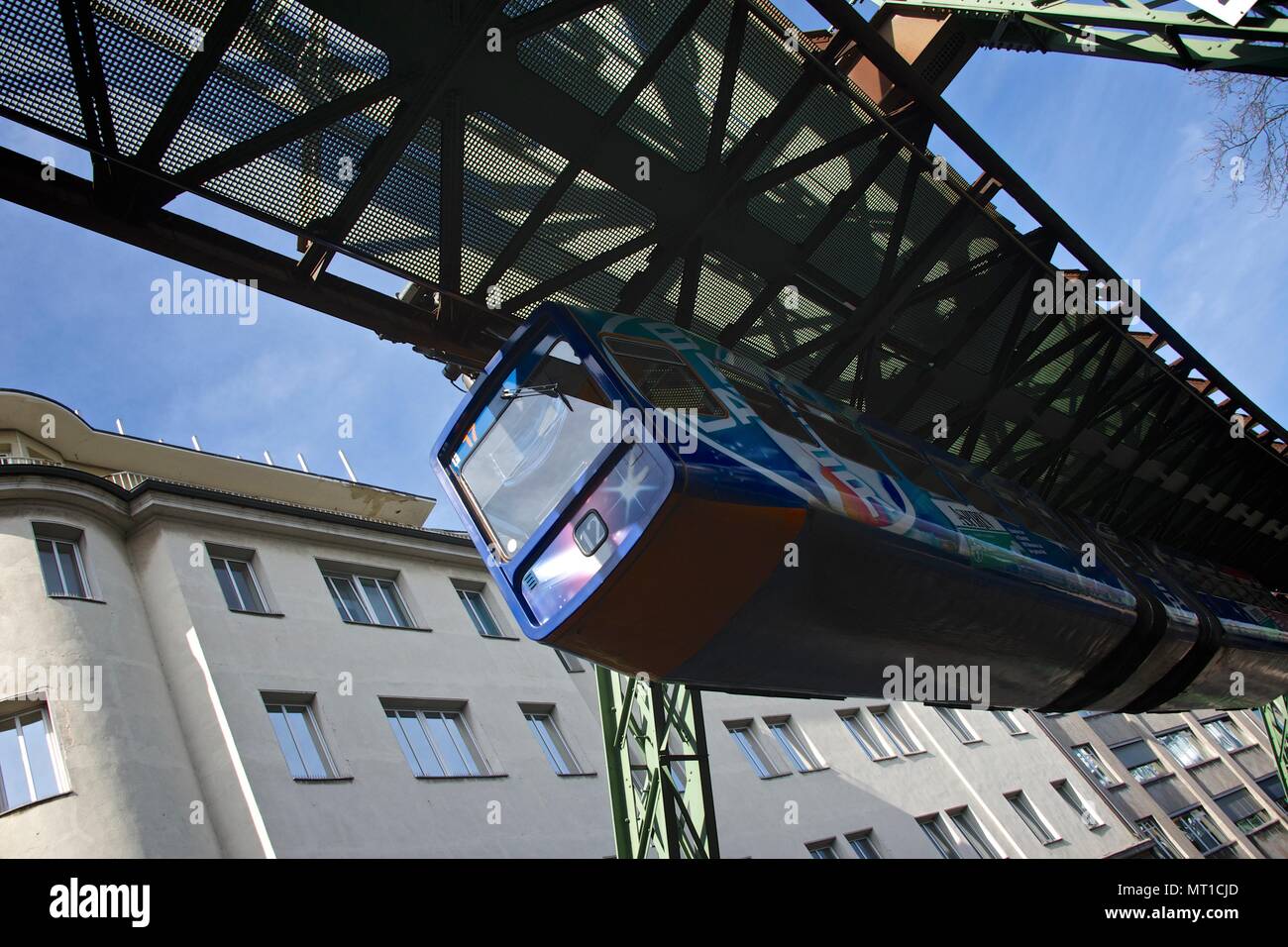 Looking above at a Schwebebahn car in Wuppertal, Germany Stock Photo