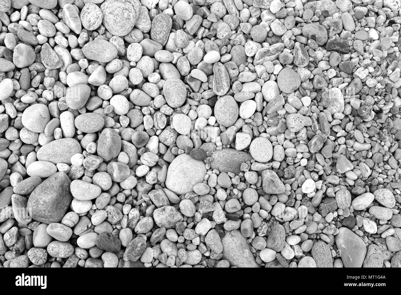 Closeup of rocks, pebbles and boulders on rocky beach which have been