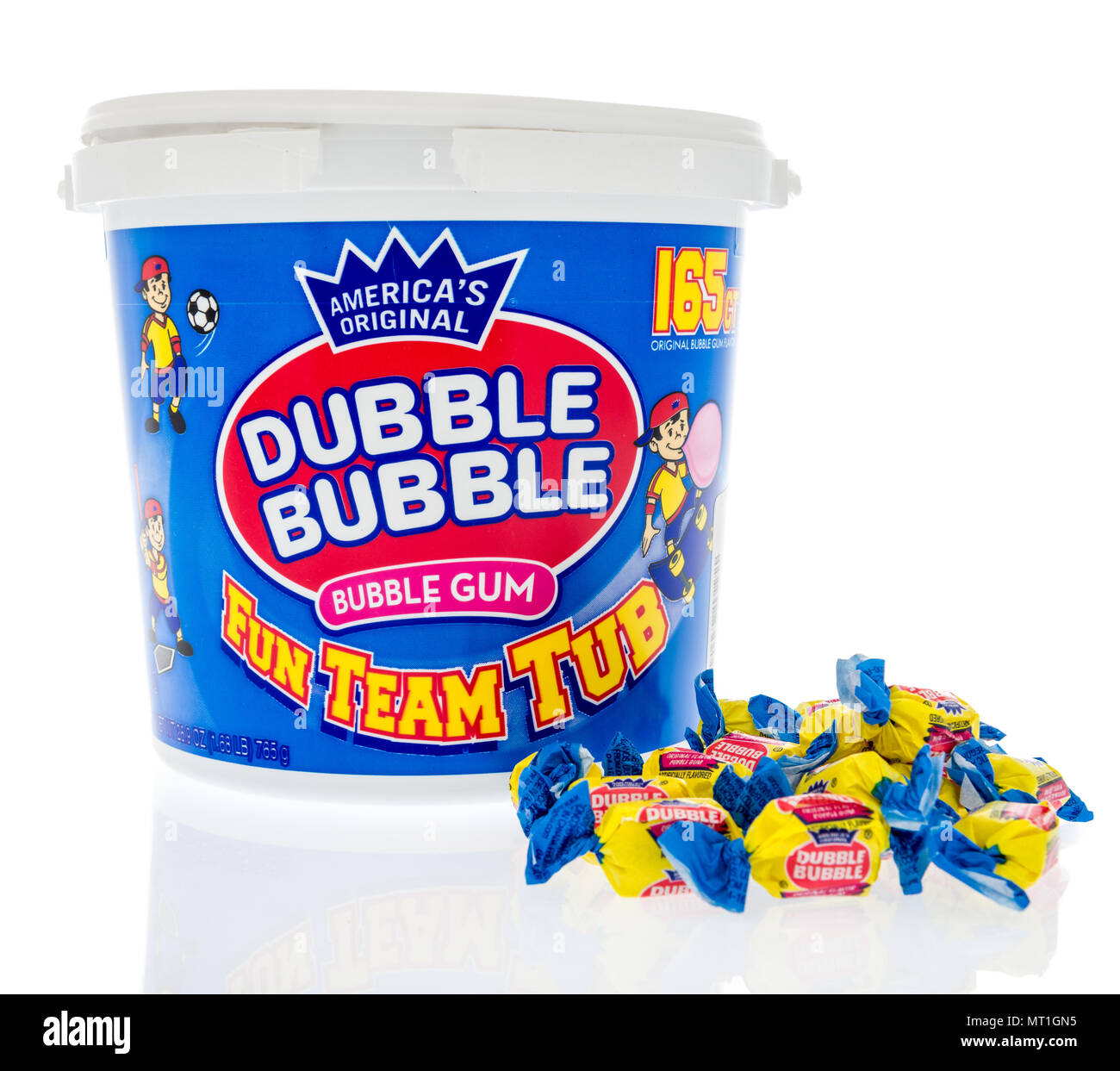 Winneconne - 2 May 2018: A tub of Dubble bubble fun team bubble gum on an isolated background. Stock Photo