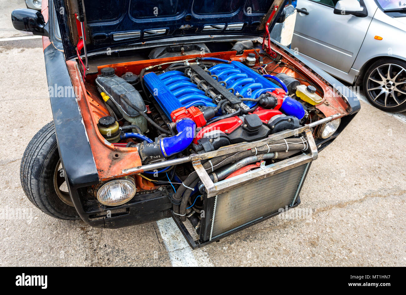 Samara, Russia - May 19, 2018: Tuned turbo car engine of BMW in Lada, under  the hood of a vehicle Stock Photo - Alamy