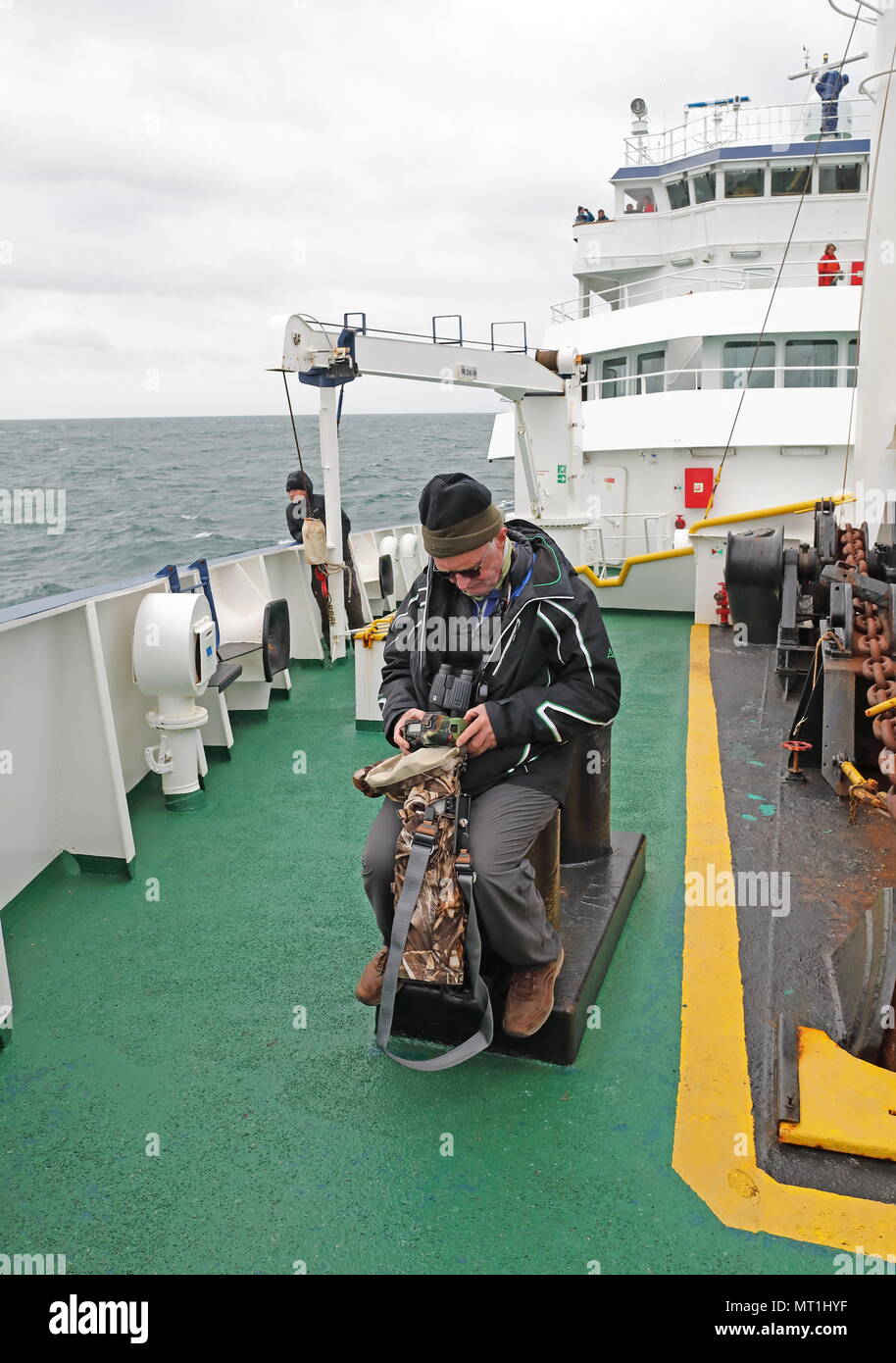 wildlife photographer checking pictures on back of camera at sea  At sea, Bay of Biscay                  May Stock Photo