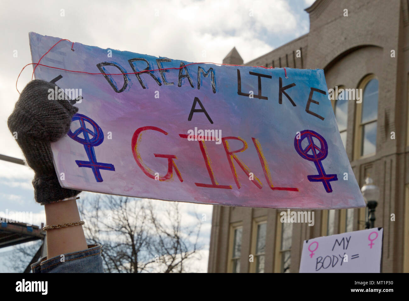 ASHEVILLE, NORTH CAROLINA - JANUARY 20, 2018: Young women marching in the 2018 Women's March holds high a political sign saying 'Dream Like a Girl' in Stock Photo
