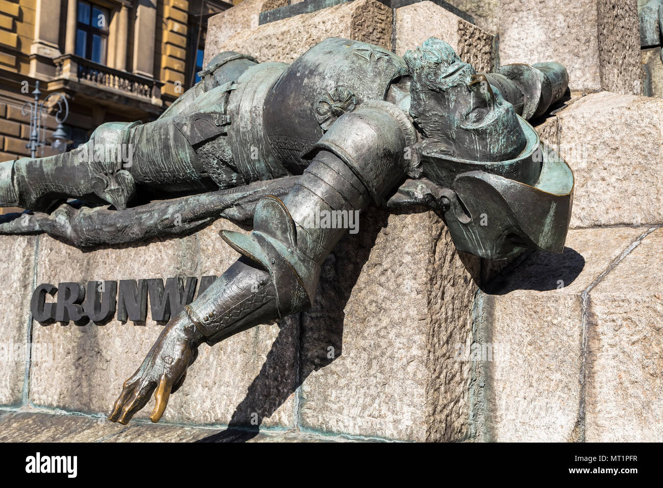 KRAKOW, POLAND - OKTOBER 28, 2015: A figure of a defeated knight on the monument to the battle of Grunwald in  Krakow. Poland Stock Photo